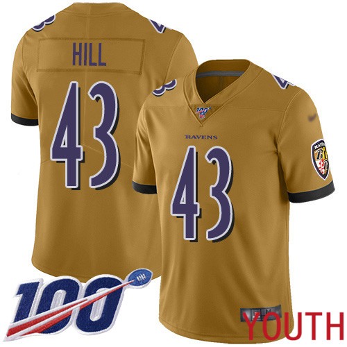 Baltimore Ravens Limited Gold Youth Justice Hill Jersey NFL Football #43 100th Season Inverted Legend